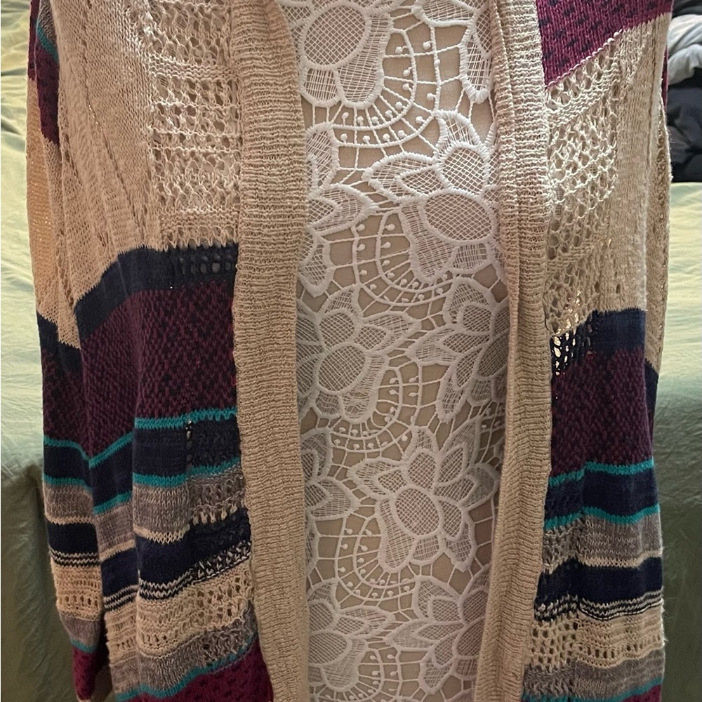 Maurices Cream and Red Cardigan Sweater with Lace Detail